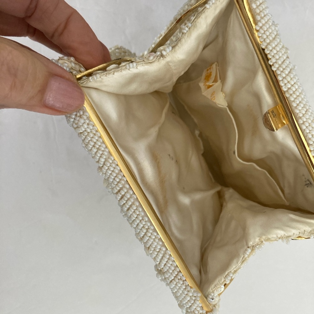 Antique Off White Square Beaded Evening Cocktail Handbag Gold Chain - Picture 7 of 7